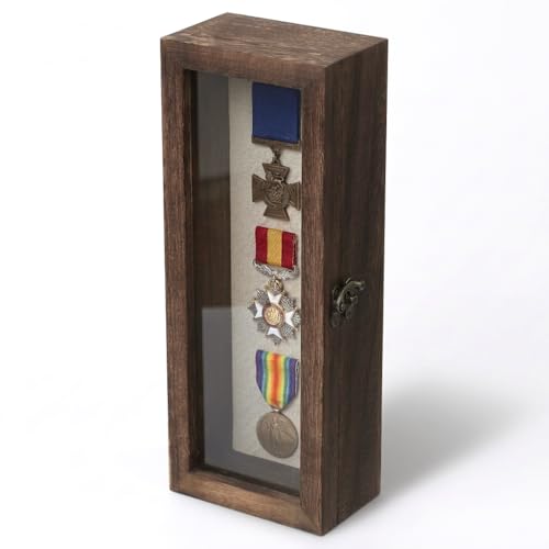 Shadow Box 5" x 12.5", Solid Wood Box Frame with Linen Background and 10 Solid Wood Pins, 2 Hanging Designs, Memory Display Case for Wedding Bouquet Memorabilia Medals Photos Keepsakes, Dried Flowers