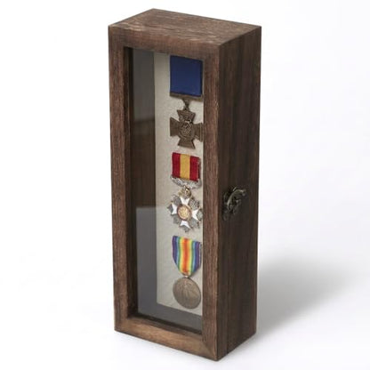 Shadow Box 5" x 12.5", Solid Wood Box Frame with Linen Background and 10 Solid Wood Pins, 2 Hanging Designs, Memory Display Case for Wedding Bouquet Memorabilia Medals Photos Keepsakes, Dried Flowers