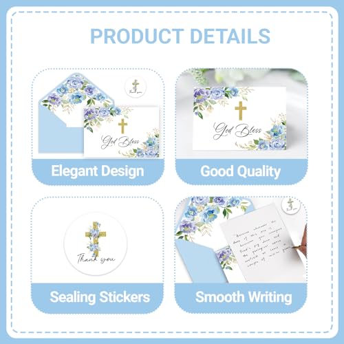 24 Pack Christian Thank You Cards, Watercolor Blue Floral Cross Baptism Thank You Cards with Envelopes & Stickers, VBS Thank You Cards First Communion & Religious Occasions - style: 24 Pcs - Blue Christian