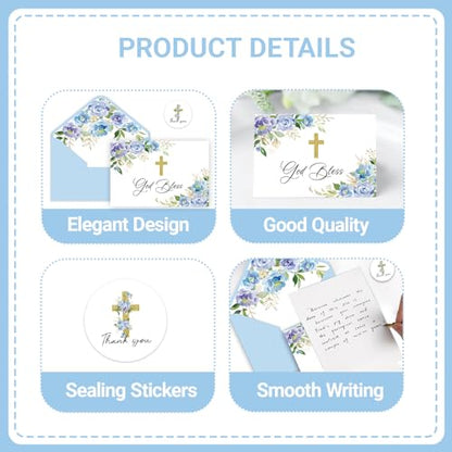48 Pack Christian Thank You Cards, Watercolor Blue Floral Cross Baptism Thank You Cards with Envelopes & Stickers, VBS Thank You Cards First Communion & Religious Occasions - style: 48 Pcs - Blue Christian
