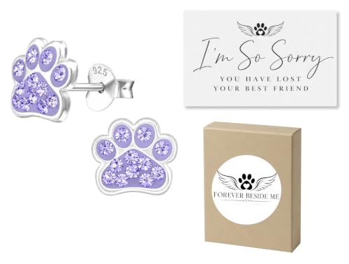 925 Sterling Silver Paw Print Stud Earrings with Jewelry Box and Sympathy Card, Pet Memorial Gift for Dog or Cat Loss Remembrance - color: Light Purple