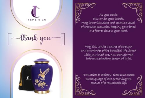 Cremation Urn for Human Ashes Adult Male Female – Large 200 lb Capacity Hummingbird Funeral Urn by ITEMANDCO, Handcrafted Aluminum Memorial Burial Urn, Purple - color: Purple