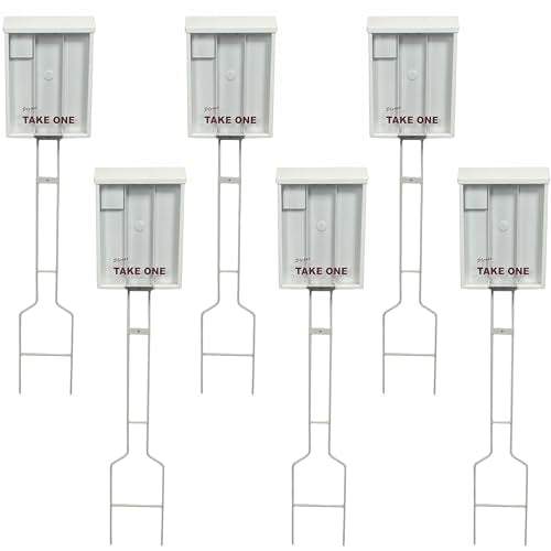 Outdoor Real Estate Brochure Box on Yard Stake, Weatherproof Self-Closing Lid, Take One Flyer Holder, Holds 250 8.5 x 11 Documents and 60 Business Cards, 46 inch Stand (White, Pack of 6) - color: White, size: Pack of 6