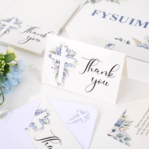 FYSUIMU 50Pcs Funeral Thank You Card Cross Flower Sympathy Boxed Thank You Card with Sticker Envelope Blue Floral Bereavement Cards for Memorial Service Loved Ones Celebration of Life