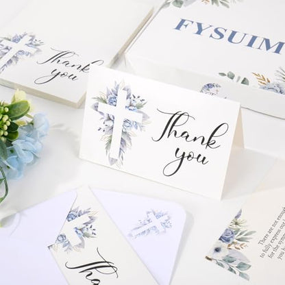 FYSUIMU 50Pcs Funeral Thank You Card Cross Flower Sympathy Boxed Thank You Card with Sticker Envelope Blue Floral Bereavement Cards for Memorial Service Loved Ones Celebration of Life