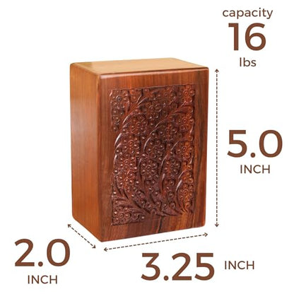 Hashcart Floral Wooden Cremation Urn Set of 3, 16/40/90 Lbs | Sheesham Rosewood, Slide-Open Lid, Velvet Bags, Adult Male Female, Family Sharing