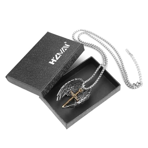 HZMAN Angel Wing Necklace for Men Women Stainless Steel Gothic Punk Angel Wing Cross/Angel Pendant Faith Amulet Jewelry Gift - color: Cross