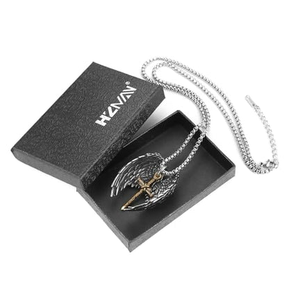 HZMAN Angel Wing Necklace for Men Women Stainless Steel Gothic Punk Angel Wing Cross/Angel Pendant Faith Amulet Jewelry Gift - color: Cross