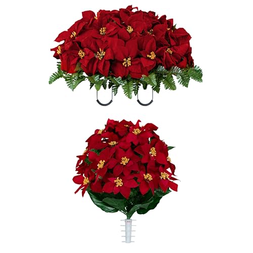 Sympathy Silks Artificial Cemetery Flowers - Gravesite Memorial Arrangment - Red Poinsettia (1) Saddle (1) Bouquet - color: Red, size: (1) Saddle (1) Bouquet