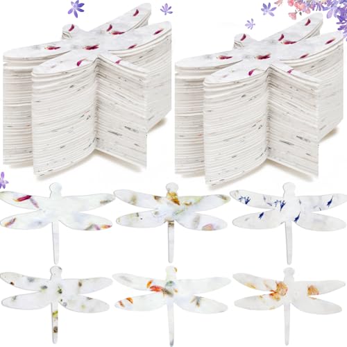Dunzoom 50 Pcs Plantable Seed Paper Tags Wildflower,Dragonfly Shape | Handmade Recycled with Real Petals, For Wedding Shower Favors Birthday Party, 8 Styles Packets - style: Dragonfly Shape