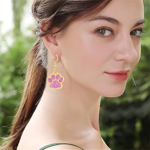 Dreuyet Paw Necklace and Earrings Set for Women Glitter Cute Dog Cat Pet Paw Print Pendant Necklace Earrings Lovely Animal Charm Jewelry Set Gifts - color: Gold Pink