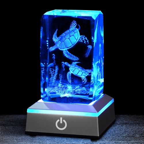 3D Crystal Night Light with Multicolor LED Base Glass Laser Engraved Sea Turtle Figurines Lamp Gifts for Boys Girls Lovers Birthday Christmas Room Decor - color: Sea turtles
