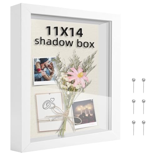 11x14 Shadow Box Frame, 1.2in Deep Keepsake Display Case, Linen Foam Back + 6 Push Pins, Thick Acrylic Front/Protective Film, Wall/Tabletop, for Flowers Tickets Medals Pet Memorial, White - color: White, size: 11x14