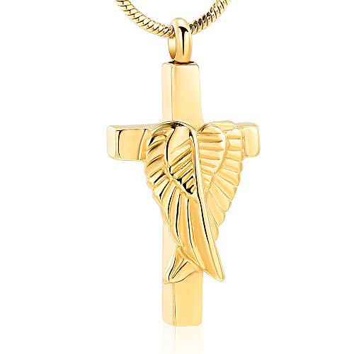 Cross Urn Necklace for Ashes Angel Wing Cremation Jewelry for Women Men Stainless Steel Memorial Necklaces Ash Holder for Human Pets Keepsake Jewelry for Loved Ones with Fill Tool - color: Gold
