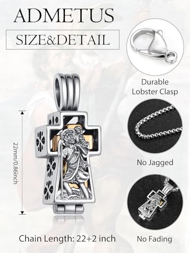 ADMETUS Patron Saint Cross Urn Necklace 925 Sterling Silver Cremation Jewelry for Ashes Memorial Gifts for Men with 2.5mm 22"+2" Rolo Chain - style: A20-Saint Christopher