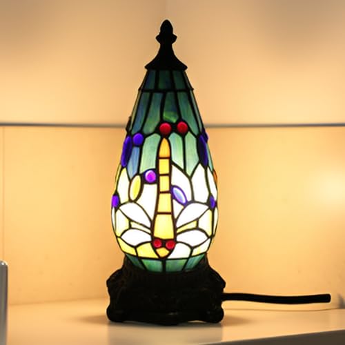 Small Tiffany Lamp Stained Glass Table Lamp 5.5X11 Inch Christmas Tree Lighthouse Mini Accent Memory Sympathy Antique Night Light for Bedroom Living Room (Blue Yellow) - color: Blue yellow