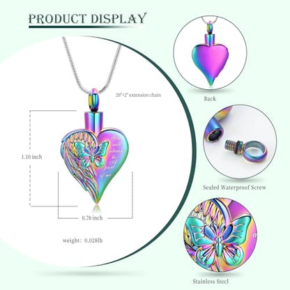 Love Heart Cremation Jewelry Urn Necklaces Butterfly Urn Necklaces for Ashes Memorial Keepsake Pendant for Women Men Gifts With Funnel Kit & Bag - color: Rainbow