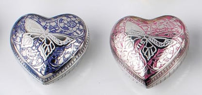 Heart Shaped Brass Small Urn for Human Ashes Keepsake with Engraved Butterfly – Mini Cremation Urn with Velvet Box & Brass Stand – Memorial Keepsake for Ashes of Adult Male, Female and Infant (Pink) - color: Pink