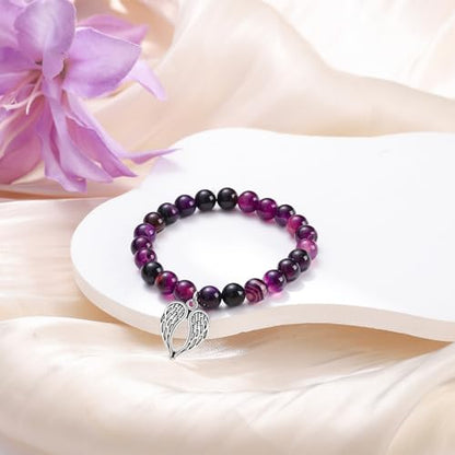Sympathy Gifts for Loss of Loved one Memorial Healing Remembrance Condolence Grief Present for Women Pink Beads Bracelet With Angel Wings - style: Amethyst-Wings-Those we love don't go away