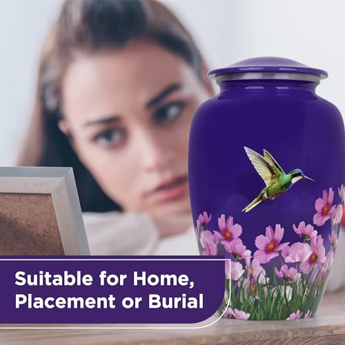 Cremation Urn for Human Ashes Adult Male Female – Large 200 lb Capacity Hummingbird Funeral Urn by ITEMANDCO, Handcrafted Aluminum Memorial Burial Urn, Purple - color: Purple