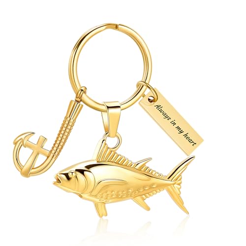 Hearbeingt Fish Hook Urn Keychain for Ashes Fishing Cremation Jewelry | Stainless Steel,Memorial Keychain,Urn Pendant, Ash Holder for Human Pet,Keepsake Jewelry,Bereavement Gift,with Fill Tool - color: Gold