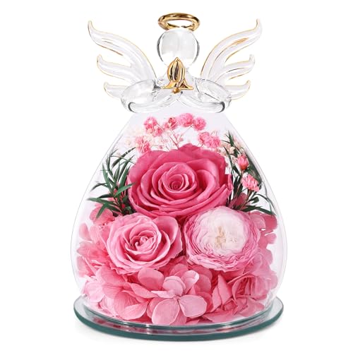 Bessol Gifts for Women Birthday Gifts for Mom Flowers for Delivery Fresh Eternal Preserved Rose Forever Flower in Glass Angel Figurines Gift Anniversary for Grandma Wife Sister Daughter Friends - color: Pink (Rose, Austin, Baby's Breath, Hydrangea)