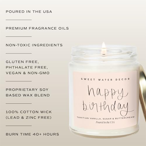 Sweet Water Decor Happy Birthday Soy Candle - Vanilla Sugar & Buttercream Sweet Scented Happy Birthday Candle Gift for Mom, Friends & Girls - 40 Hour Burn Time - 9oz - Non Toxic - style: Happy Birthday