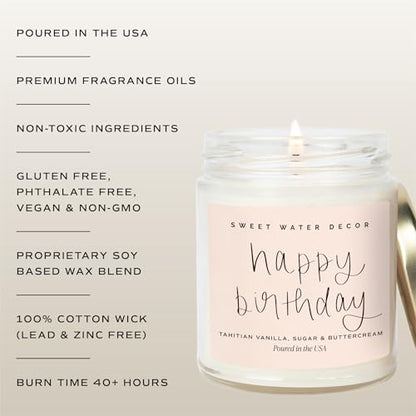 Sweet Water Decor Happy Birthday Soy Candle - Vanilla Sugar & Buttercream Sweet Scented Happy Birthday Candle Gift for Mom, Friends & Girls - 40 Hour Burn Time - 9oz - Non Toxic - style: Happy Birthday