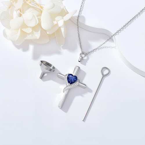 TOUPOP Cross Urn Necklaces for Ashes Birthstone Cremation Jewelry 925 Sterling Silver Cross Memorial Keepsake Funeral Jewelry for Women (with Funnel Filler) - color: 09-September-Sapphire