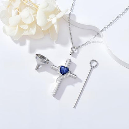 TOUPOP Cross Urn Necklaces for Ashes Birthstone Cremation Jewelry 925 Sterling Silver Cross Memorial Keepsake Funeral Jewelry for Women (with Funnel Filler) - color: 09-September-Sapphire