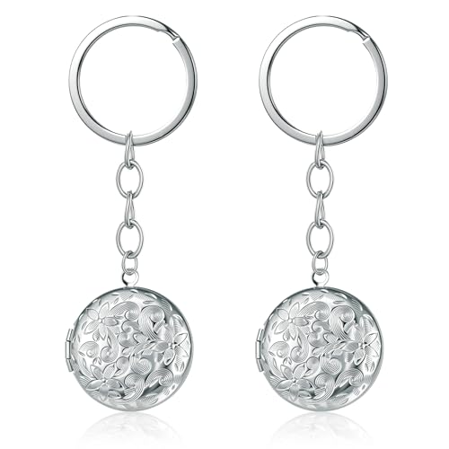 2PCS Elegant Heart Locket Keychain with Decorative Chain Stainless steel, Heart Pattern Design, Photo Frame Pendant - color: Circle