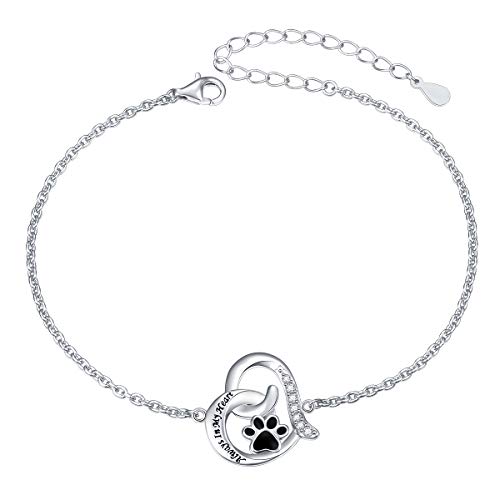 FLYOW 925 Sterling Silver Cute Paw Print Forever Love Heart Pendant Necklace/Bracelet/Stud Earrings Gift for Women, Box Chain 18" - style: Paw Bracelet
