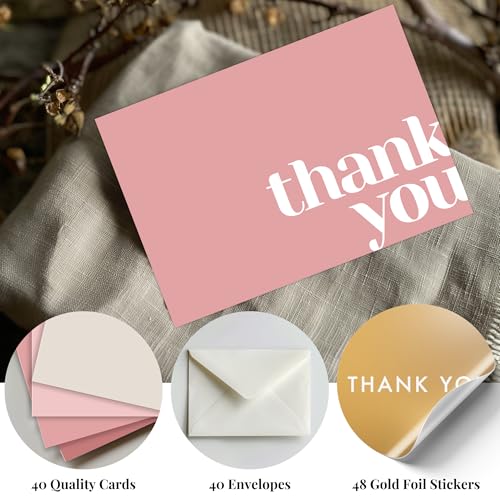 Paper Play Thank You Cards Bulk Pack of 40 Pink, 5x3.5 Inches with Matching Stickers & Envelopes, Minimalistic Design Suitable for Business, Baby Shower, Wedding, Small Business, Graduation, Funeral | 5 x 3.5 Inches with Matching Stickers & Envelopes, For