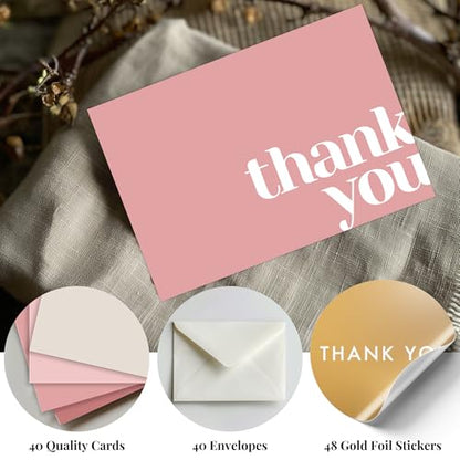 Paper Play Thank You Cards Bulk Pack of 40 Pink, 5x3.5 Inches with Matching Stickers & Envelopes, Minimalistic Design Suitable for Business, Baby Shower, Wedding, Small Business, Graduation, Funeral | 5 x 3.5 Inches with Matching Stickers & Envelopes, For