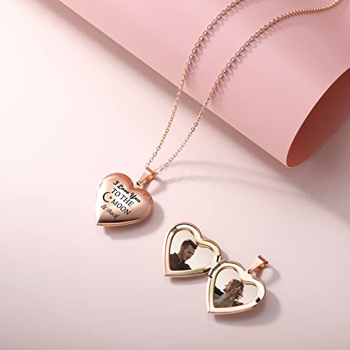 Personalized Heart Locket Necklace for Women with Picture Custom Inside Engraved Text Silver/Gold/Rose Gold Photo Locket Stainless Steel Memorial Gifts for Mom Daughter Grandmother - color: C3: I Love you to the Moon & Back (Rose Gold)
