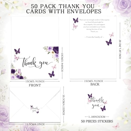 Fumete 50 Set Funeral Thank You Cards, Purple Butterfly - style: Purple Butterfly