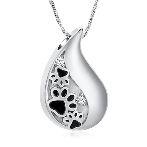 Yinplsmemory Pet Paw Print Teardrop Urn Necklace for Ashes for Dog/Cat Ashes Keepsake Memorial Pet Cremation Jewelry - color: Silver