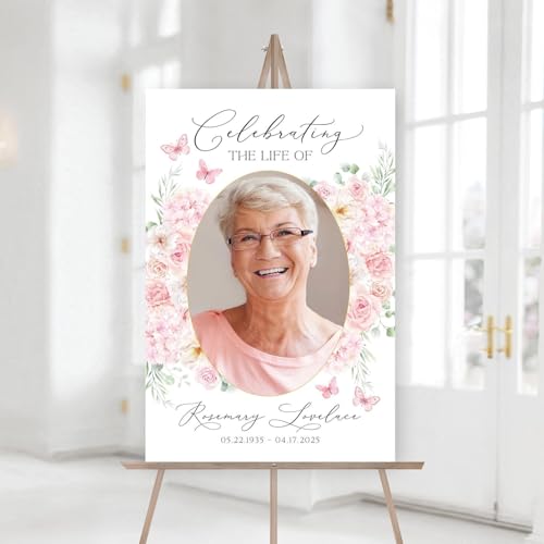 Pink Floral Funeral Welcome Sign, butterflies Celebration of Life Welcome Sign, in Loving Memory Sign, Celebration of Life, Celebration of Life Sign, Memorial Sign with Photo,Funeral Welcome Signs - color: Version #21