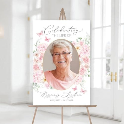 Pink Floral Funeral Welcome Sign, butterflies Celebration of Life Welcome Sign, in Loving Memory Sign, Celebration of Life, Celebration of Life Sign, Memorial Sign with Photo,Funeral Welcome Signs - color: Version #21