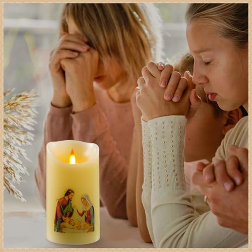 QQFCTOO LED Prayer Flameless Candle with Remote Timer, Battery Powered Candle, Religious Candle, Real Wax, for Home Altar, Church, Devotional ，6" x 3.2"(Holy Family Statue) - style: Holy Family Statue