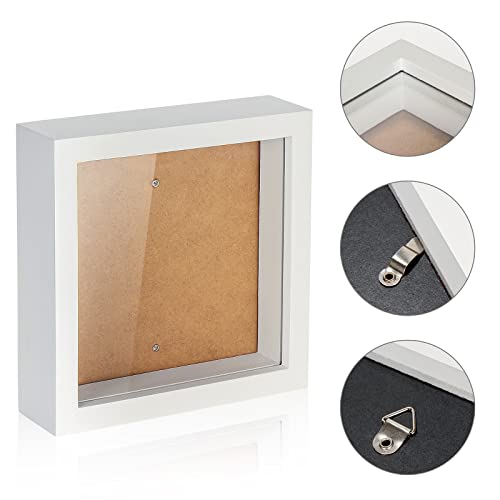TJ.MOREE Small Shadow Box Frame 5 x 5 Shadowbox Display Case Wooden Picture Frame with Glass Wedding Memorabilia Medals Photos for Wall and Tabletop - White