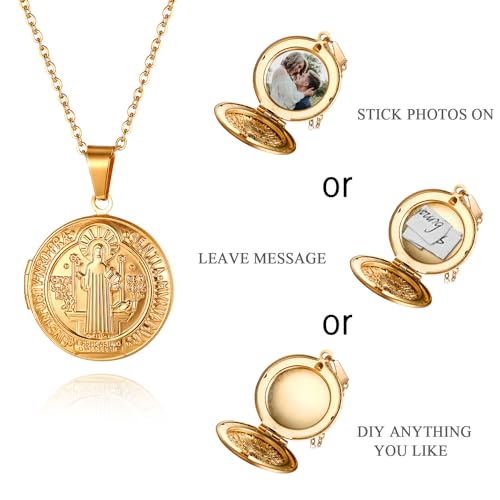 Bible Locket Cross Photo Necklace That Holds Pictures for Men Women | Stainless Steel Openable Keepsake Personalized Faith Gifts for Birthday Anniversary Christmas Memorial Day, 17.7 Inch Chain - color: gold-Saint Benedict