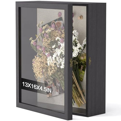 13x16 Shadow Box Frame with Acrylic Glass, Deep Large Shadow Boxes Display Cases for Tabletop and Wall Display, Memory Box for Keepsakes, Shadow Box for Flowers, Black with Linen Back - size: 13x16in