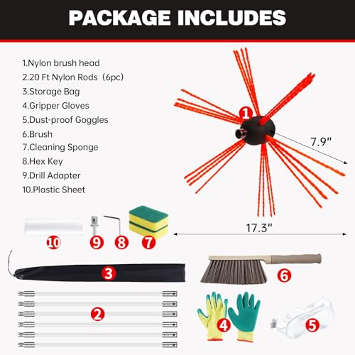 20 Feet Chimney Sweep Kit, Chrome Button Locking System, Chimney Cleaning Kit, Chimney Brush, Chimney Cleaning Tool, Chimney Cleaning System with 6 Flexible Chimney Rods - size: 20 FT