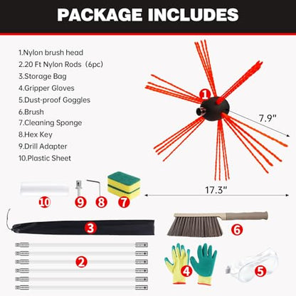 20 Feet Chimney Sweep Kit, Chrome Button Locking System, Chimney Cleaning Kit, Chimney Brush, Chimney Cleaning Tool, Chimney Cleaning System with 6 Flexible Chimney Rods - size: 20 FT