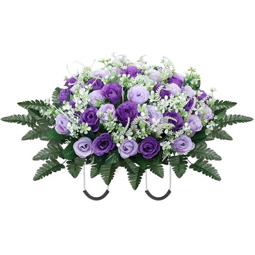 Headstone Flower Saddle,Large Artificial Cemetery Flowers for Grave,Cemetery Memorial Flowers for Outdoor Tombstone Decorations (Purple) - color: Purple