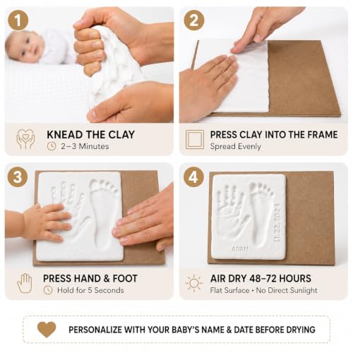 Baby Hand and Footprint Kit with Air Dry Clay, Wooden Keepsake Picture Frame, Newborn Hand & Footprint Frame, Shower Gift for Boys & Girls, Personalized New Mom Gift