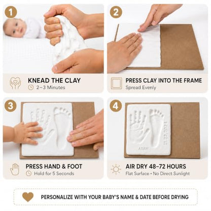 Baby Hand and Footprint Kit with Air Dry Clay, Wooden Keepsake Picture Frame, Newborn Hand & Footprint Frame, Shower Gift for Boys & Girls, Personalized New Mom Gift