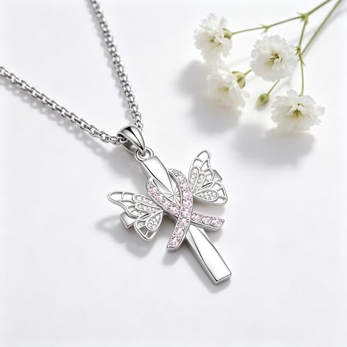 Necklace for Women 18K White Gold Plated Breast Cancer/Stethoscope Cross/Miscarriage Pendant Necklace Jewelry Gifts for Women - style: Breast Cancer