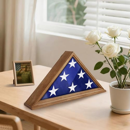 ASmileIndeep Flag Display Case - 5' x 9.5' Veteran Burial Flag Solid Wood Shadow Box with HD Tempered Glass & Wall Mount, Folded Triangle Flag Frame for Funeral, Light Oak - size: For 5' x 9.5' Flag-Oak